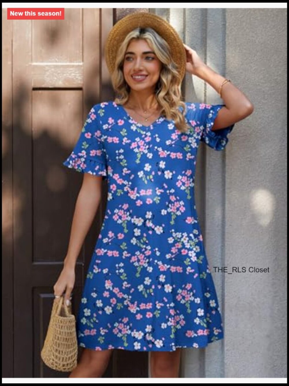 Ruffle Short Sleeve V-Neck Floral A-Line Dress with Pockets - Picture 5 of 7